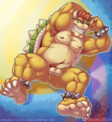 1boy anthro armpit_hair armpits arms_above_head arms_behind_head balls biceps bowser brown_hair brown_skin chubby claws fangs flexing grin hair half-erect horn humanoid_penis looking_at_viewer male male_only mario_(series) musclegut muscles nintendo nipples nude omegaro open_mouth pecs penis plantigrade pose pubes reptile scales scalie sharp_teeth smile solo spread_legs spreading teeth toe_claws toned turtle uncut