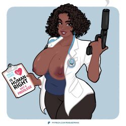 1girls based big_breasts breasts breasts_bigger_than_head breasts_out breasts_out_of_clothes dark-skinned_female doctor enormous_breasts female gigantic_breasts gun huge_breasts large_areolae large_breasts looking_at_viewer nurse pinup risquedraws silencer