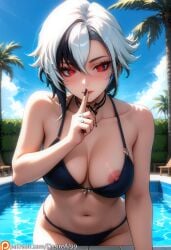 1girls ai_generated arlecchino_(genshin_impact) big_breasts bikini bikini_bottom bikini_top black_hair blush breasts desireai genshin_impact multicolored_hair nipples pool poolside red_eyes short_hair solo white_hair