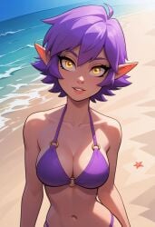 1girls ai_generated amity_blight beach bikini breasts cleavage collarbone day disney disney_channel looking_at_viewer navel ocean outdoors parted_lips pointy_ears purple_bikini purple_hair short_hair smile solo swimsuit the_owl_house xiiirockiiix yellow_eyes