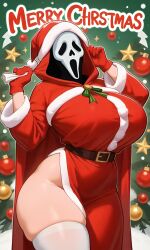 ai_generated big_breasts christmas christmas_clothing christmas_hat christmas_outfit christmas_tree curvy exposed_thigh female fully_clothed ghostface gloves holidays large_breasts masked_female pixai red_gloves santa_costume santa_hat scream_(franchise) snow snowing solo thick_thighs thighhighs white_thighhighs