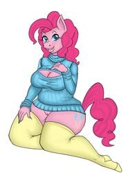 anthro big_breasts blue_eyes breasts cleavage clothed clothing cutie_mark equine female friendship_is_magic fur furry hair horse long_hair looking_at_viewer mammal my_little_pony open-chest_sweater pink_fur pink_hair pinkie_pie_(mlp) plain_background pony pussy smile solo stockings straight_hair stubbornstallion sweater yellow_legwear