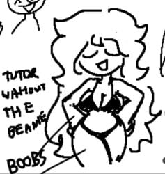 arcaned_roses black_bra black_panties breasts closed_eyes hands_on_hips long_hair messy_hair not_my_art open_mouth roses_arcaned simple text thighs tutorist_(roses_arcaned) uncolored