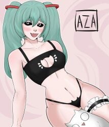 1girls :d aza19 black_eyes black_sclera blush cat_lingerie fangs female green_hair hatsune_miku mimukauwa_nice_try_(vocaloid) navel signature small_breasts stockings thong white_eyes