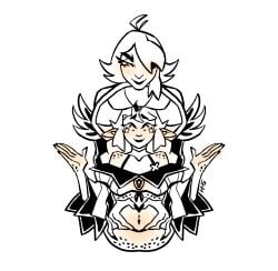 2girls black_and_white clothed_female emycelia futanari hand_on_belly harpy_girl implied_futanari implied_impregnation mushroom_girl pregnant pregnant_female round_belly skeleharpy twitch youtube yuri