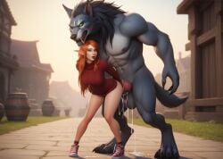 ai_generated anal_sex blood cum furry grey_fur long_hair maluna public red_hair red_long_hair sneakers tshiro virgin_killer_sweater worgen world_of_warcraft