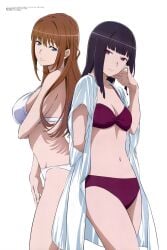 2girls astraea_(danmachi) back_to_back bikini black_hair brown_hair dungeon_ni_deai_wo_motomeru_no_wa_machigatteiru_darou_ka female_focus female_only gojouno_kaguya long_hair long_hair_female looking_at_viewer official_art smile