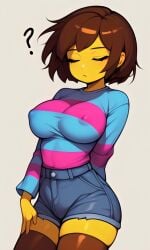 ? ai_generated bangs big_breasts bob_cut brown_boots brown_hair closed_eyes confused_look female frisk frisk_(undertale) fully_clothed jean_shorts nipple_bulge no_bra pixai short_shorts shoulder_length_hair simple_background solo striped_shirt thigh_boots tight_clothing tucked_shirt undertale undertale_(series) yellow_sclera yellow_skin