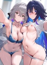 ahoge ai_generated armpits bare_arms bare_belly bare_legs bare_shoulders bare_thighs belly_button big_breasts blue_bra blue_hair blue_panties blush bra breasts bronya_rand closed_mouth collarbone earrings embarrassed grey_eyes grey_fur hair_ribbon honkai:_star_rail indoors long_hair medium_breasts mole_on_breast nipple_slip nipples no_bra panties panty_pull purple_eyes pussy ribs seele_(honkai:_star_rail) selfie setsuaiart shiny_skin shirt shirt_lift sitting thighs two_tone_hair underwear white_panties white_shirt