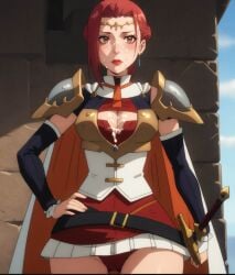 ai_generated armor blush blushing_at_viewer cleavage cumshot cumshot_on_chest cumshot_on_face exposed_panties female_knight gate_-_jieitai_ka_no_chi_nite_kaku_tatakaeri hand_on_hip long_hair matronai_(artist) medium_breasts panties_exposed pina_co_lada_(gate) posing posing_for_picture posing_for_the_viewer red_hair red_lipstick tiara