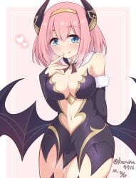 absurdres after_sex blue_eyes breasts cleavage clothing_cutout cum cum_in_mouth cum_on_body cum_on_breasts cumdrip dated demon_girl demon_horns demon_wings finger_to_mouth gold_hairband hairband heart highres horns kuroha_koudai large_breasts licking_lips looking_at_viewer medium_hair navel_cutout pink_background pink_hair princess_connect! tongue tongue_out twitter_username wings yui_(princess_connect!)