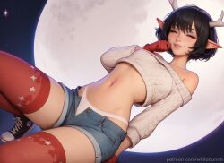 ai_generated antlers black_hair elf_ears eye_contact female gloves pixie_cut red red_eyes red_gloves seductive_expression short_hair smirk smug_expression teasing usebackdooronly