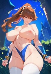 2d ai_generated arm_guards big_breasts brown_hair dead_or_alive female female_focus female_only kasumi_(doa) night outdoors panties ponytail solo solo_female solo_focus tagme thighhighs topless topless_female