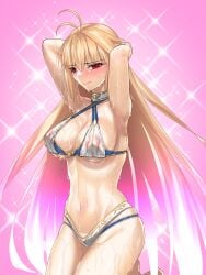 1girls ahoge alternate_version_available archetype_earth arcueid_brunestud arm_behind_head armpits big_breasts bikini bikini_bottom bikini_top blonde_hair blue_notuki blush choker curvy curvy_figure enormous_breasts huge_breasts large_breasts long_hair melty_blood navel red_eyes sparkles sweaty sweaty_body swimsuit thick_thighs thighs top_heavy tsukihime tummy very_long_hair wet wet_body wide_hips