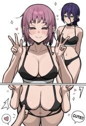 1boy2girls agu_(aguxxxuu) aguxxxuu asian asian_female belly_button big_thighs blush blush_lines bra_and_panties breast chainsaw_man cleavage cleavage_overflow curvy curvy_female curvy_figure death_devil_(chainsaw_man) denji_(chainsaw_man) green_eyes hand_on_breast hips japanese japanese_female japanese_male legs male/female/female male_hand medium_breasts pale-skinned_female pale_skin peace_sign pink_eyes pink_hair purple_hair reze_(chainsaw_man) russian_female slavic slavic_girl slim_waist small_waist smiling_at_viewer speech_bubble stomach talking thick_thighs thighs touching_breast