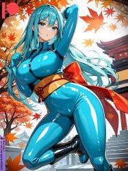 ai_generated bodysuit breasts female kuriboh_ex_(artist) latex latex_clothing latex_suit oppai rubber rubber_clothing rubber_suit skin_tight turquoise_eyes turquoise_hair