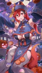 1girls bell big_breasts dragon green_eyes green_hair halloween hat horns huge_breasts huge_thighs jiangshi night oc orange_eyes red_eyes red_hair sakoku shin_(sakoku) thighs