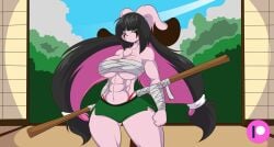 1girls anthro bandaged_chest black_hair breast_wrap female female_only furry green_eyes huge_breasts jazmin_usagi long_hair looking_at_viewer mastergodai muscular_female pink_fur pink_hair rabbit rascals solo staff thick_thighs wide_hips