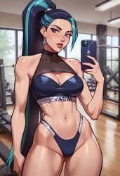 ai_generated bikini blue_hair breasts cellphone cleavage cleavage_cutout earrings female hair_pulled_back jewelry k/da_all_out_kai'sa k/da_all_out_series kai'sa league_of_legends lips long_hair looking_at_viewer nail_polish navel phone ponytail purple_eyes solo swimsuit