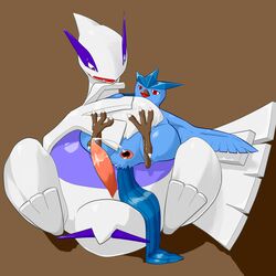 absurd_res after_sex ambiguous_gender animal_genitalia apc_(artist) articuno avian brown_background chubby cloaca cum cum_inside duo hi_res interspecies legendary_pokemon lugia lying male nintendo on_back penis plain_background pokemon pokemon_(species) red_eyes size_difference tapering_penis video_games