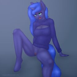 2014 anthro anthrofied blue_eyes blue_hair bottomless cleavage clothed clothing equine female friendship_is_magic furry hair half-dressed horn long_hair mammal my_little_pony open-chest_sweater princess_luna_(mlp) pussy solo spread_legs spreading staggeredline sweater unicorn