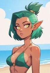 1girls ai_generated amity_blight beach bikini breasts day disney disney_channel earrings green_bikini green_hair jewelry medium_breasts outdoors parted_lips pointy_ears short_hair solo swimsuit the_owl_house upper_body xiiirockiiix yellow_eyes