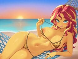 ai_generated beach bikini blush breasts breasts_out equestria_girls female female_only hammock hi_res jtveemo_(ai_style) leopard_print_bikini looking_at_viewer lying my_little_pony nipples pulling_bikini_string seaart.ai seductive seductive_look sunset_shimmer thighs wide_hips