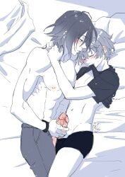 2boys athletic_male biting_clothes black_and_white blue_eyes blush circumcised closed_eyes erect_nipples erect_penis erection femboy forte_(love_melodies) frottage frotting gay handjob hazuki_(love_melodies) kasutama leaking_cum leaking_precum love_melodies lying_on_bed male male/male male_focus male_only masturbating masturbation partially_clothed penis sketch sweat sweatdrop sweating yaoi