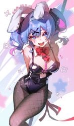 big_breasts blue_eyes blue_hair bunny_ears bunny_girl bunny_tail bunnysuit hatsune_miku pink_eyes pink_hair rabbit_hole_(vocaloid) ribbon smile star thighs twintails vocaloid