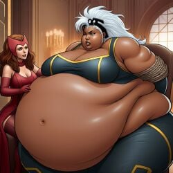 2girls ai arms_tied_behind_back belly big_belly black_skin blob breasts clothing dark-skinned_female dark_skin enormous_belly fat fat_ass fat_belly fat_woman fatty force_feeding gigantic_belly huge_belly hyper hyper_belly indoors larger_female light-skinned_female light_skin marvel marvel_comics morbidly_obese morbidly_obese_female obese obese_female overweight overweight_female scarlet_witch sitting size_difference smaller_female storm_(x-men) x-men