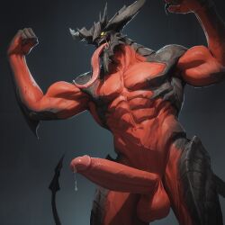 ai_generated claws demon demon_tail diabolos final_fantasy flexing gay glowing_eyes horns licking_armpit long_tongue male_focus male_only monster multicolored_skin no_pupils nude penis saliva sharp_teeth stable_diffusion standing testicles thighs tongue_out upper_body yellow_eyes