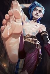 ai_generated armpits arms_up cum_on_feet femdom jinx_(league_of_legends) laughing premature_ejaculation wet_skin