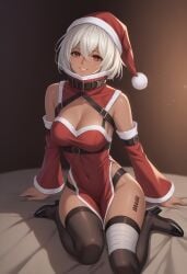 ai_generated christmas_outfit christmas_tree dark-skinned_female female female_only hair_between_eyes medium_breasts nier nier_reincarnation noelle_(nier_reincarnation) red_dress red_eyes santa_hat sitting smile thick_thighs thighhighs thighs white_hair