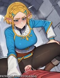 1boy 1girls ai_generated black_pants blue_shirt cowgirl_position huge_ass large_breasts large_penis pov princess princess_zelda pussy pussy_cutout ryogangg sex the_legend_of_zelda veiny_penis zelda_(breath_of_the_wild)