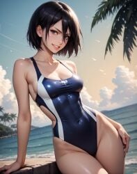 1girls 2d ai_generated ass athletic athletic_female attack_on_titan back_view bare_shoulders belly big_breasts black_eyes black_hair bob_cut curvy curvy_figure cute cute_face detailed eyelashes eyeshadow female female_only fit fit_female focus high_quality large_breasts legs light-skinned_female light_skin lips lipstick looking_at_viewer makeup mascara medium_breasts medium_hair midriff mikasa_ackerman nero100 outdoors pale-skinned_female pale_skin posing seductive seductive_look shingeki_no_kyojin short_hair six_pack stable_diffusion swimsuit tagme thick_thighs thighshair_between_eyes