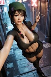 3d 3d_(artwork) abs ai_generated alley alleyway beanie big_ass big_breasts black_hair braided_hair city cleavage crop_top hispanic latina midriff outdoors pleated_skirt radnsad skirt solo solo_female solo_focus tess(oc) thick_thighs twin_braids urban