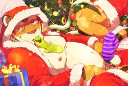 1boy anthro balls bedroom_eyes build_tiger buttertoast christmas chubby erection eyewear feline gamma-g glasses holidays looking_at_viewer male male_only mammal navel nipples penis presenting santa_claus smile solo spread_legs spreading tiger