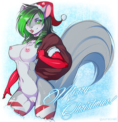 2014 anthro areola black_hair breasts christmas elbow_gloves emerald_(yuureikun) facial_piercing female fur furry gloves green_eyes green_hair grey_fur hat holidays lip_piercing lip_ring lips long_hair looking_at_viewer makeup mammal mouse navel nipple_piercing nipples piercing pussy red_lips rodent sack smile solo standing teeth thighhighs yuureikun