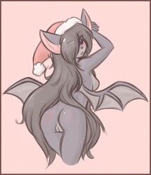 2014 anthro ass bat black_hair blush breasts christmas embarrassed fangs female hair hat holidays mammal plain_background presenting presenting_hindquarters presenting_pussy purple_eyes pussy rebbeca santa_hat shouk sideboob solo wings