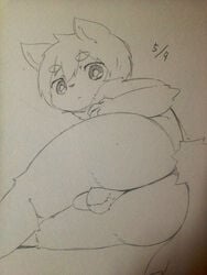 1boy anthro ass backsack balls big_eyes eyebrows hair kemono looking_back male male_only monochrome penis plain_background presenting sirotae_konnta sketch solo young