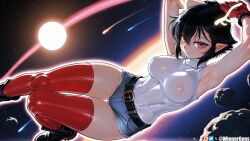 ai_generated antlers black_hair elf_ears eye_contact female gloves pixie_cut red red_eyes red_gloves seductive_expression short_hair smirk smug_expression teasing usebackdooronly wienergens