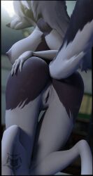 3d_(artwork) angry anthro ass big_breasts blender_(artwork) breasts canid canid_demon canine demon digital_media_(artwork) female fluffy fluffy_tail fur genitals grey_body grey_fur grey_nipples hair hand_on_butt hand_on_own_butt hellhound helluva_boss hi_res inside kneeling loona_(aeridiccore) loona_(helluva_boss) mammal mythological_canine mythological_creature mythology nipples nude nude_anthro nude_female presenting presenting_pussy pussy rear_view solo tail vladoknoaz113 watermark white_body white_fur white_hair