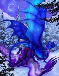 2014 acidapluvia anus ass_up balls blue_scales cum cum_in_pussy cum_inside dragon duo female feral horn knot looking_back lying male on_back outside penetration penis purple_feathers pussy sex snow spread_legs spreading straight vaginal_penetration vaginal_penetration wings winter