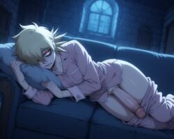 1futa ai_generated bags_under_eyes blonde_hair bootyattack fangs flaccid futanari glowing_eyes hellsing huge_cock indoors looking_at_viewer night on_side pajamas red_eyes seras_victoria short_hair sleepy solo solo_focus spiked_hair stable_diffusion tired tomboy vampire