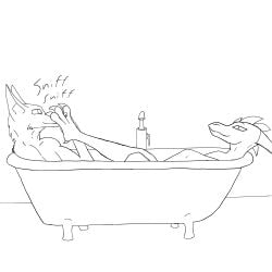 1:1 absurd_res anthro bathroom bathtub canid canine canis claws dragon duo feet female foot_fetish foot_sniffing fur hi_res line_art looking_at_another male male/female mammal monochrome mythological_creature mythological_scalie mythology relaxing scalie side_view smile sniffing toe_claws way2horny wolf