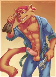 1boy abs anthro balls belt biceps brown_fur chest_tuft clothing erection feline fur hat humanoid_penis jake_clawson looking_at_viewer male male_only mammal mechanic muscles nipples omegaro open_clothes open_shirt pants partially_clothed pecs penis pink_penis shirt solo standing swat_kats sweat toned tools tuft wrench