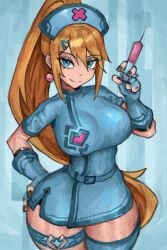 1girls alternate_costume black_fingernails black_nails blonde_hair blue_eyes earrings eyeshadow female female_only fingerless_gloves fully_clothed gloves metroid nail_polish needle nintendo nurse nurse_cap painted_nails ponytail saiykik samus_aran solo syringe thigh_strap zero_suit zero_suit_samus