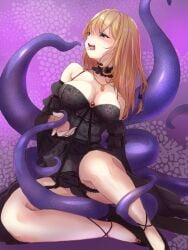 altea_aquila_(jain_no_ikenie) ass black_dress black_footwear blonde_hair blue_eyes blush breasts cleavage commentary_request dress female highres holding_tentacle jain_no_ikenie jewelry komena_(shinyday312) large_breasts long_hair necklace saliva saliva_trail sitting solo tentacle tongue tongue_out