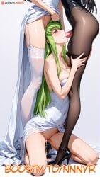 3girls ai_generated blowjob c.c. code_geass cum_in_mouth cum_on_face deepthroat futanari futanari_penetrating green_hair hair_grab kneeling leg_grab nnnyr stable_diffusion stockings sucking sucking_penis thicc_thighs white_background white_dress yellow_eyes yuri yuri