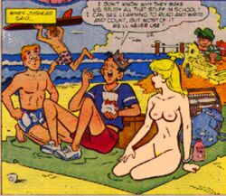 1girls 4boys archie_andrews archie_comics baseball_cap beach beach_blanket betty_cooper blonde_hair child clothed_male_nude_female eating food hat jughead_jones kentoons nude_edit radio running sand_castle surfboard surfer swimming_trunks swimsuit wharf